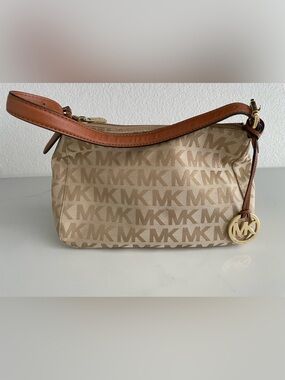 Michael Kors Beige Logo Mini Shoulder Bag with Brown Leather Strap